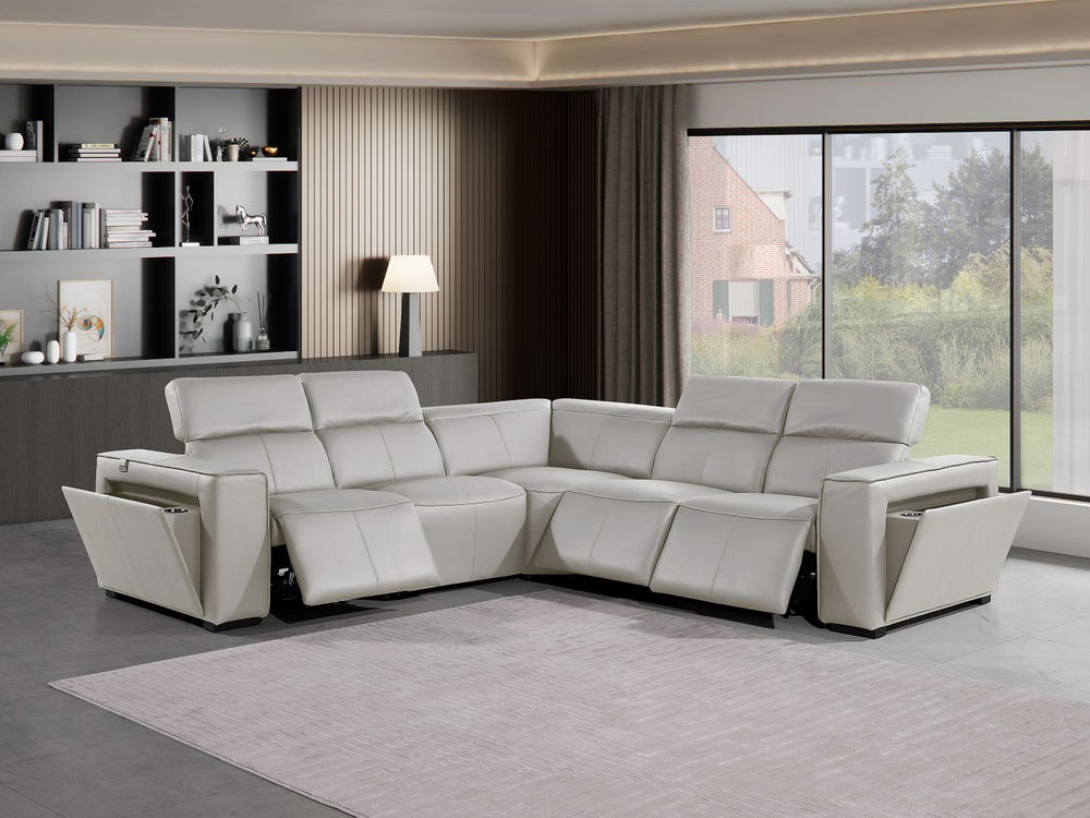 DivanItalia 1224 5-Piece L-Shaped Sectional Sofa in Top Grain Italian Leather with 3 Power Recliners & Power Headrests - Light Gray