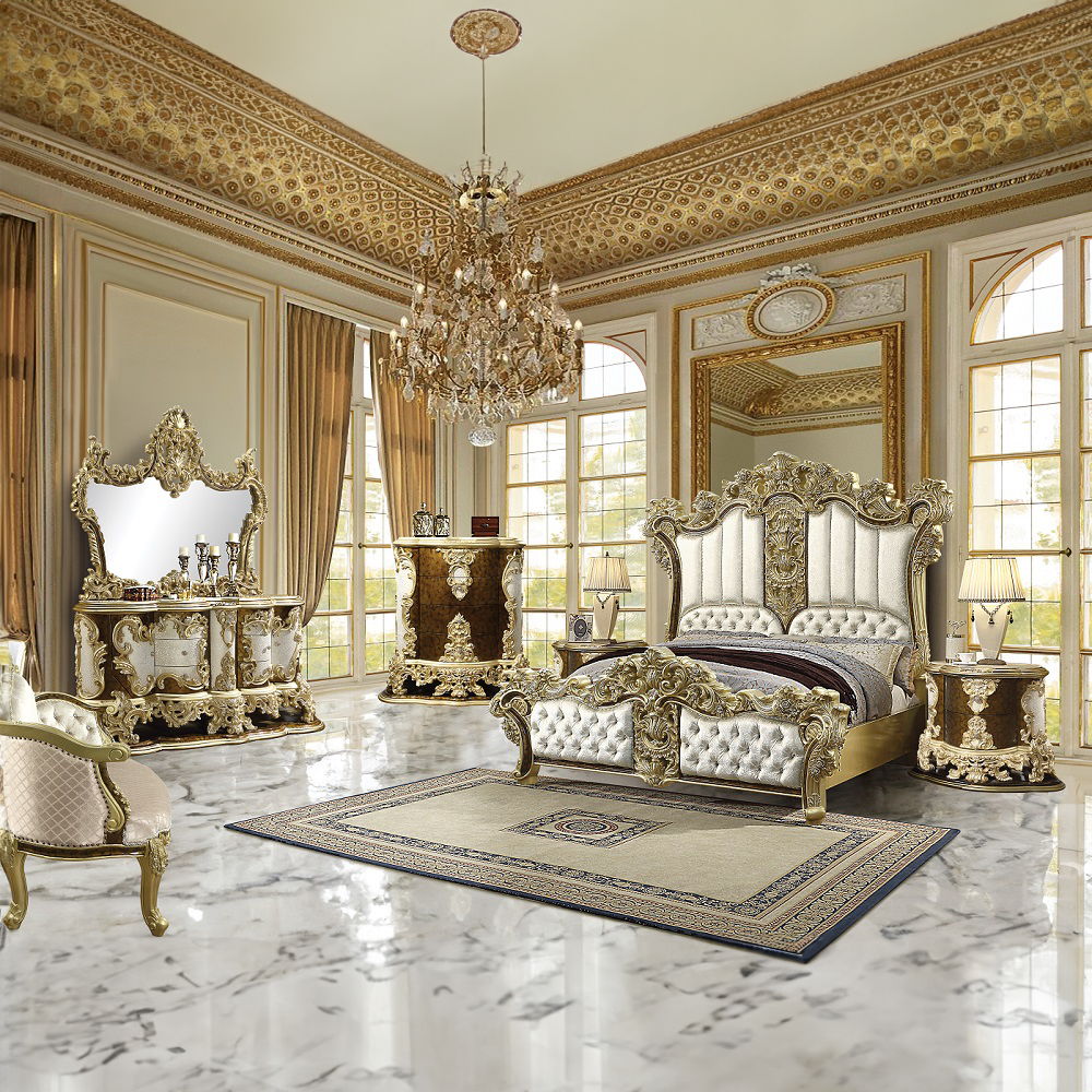 Desiderius - Bench - Beige Fabric, Antique Gold & Hand Paint Brown