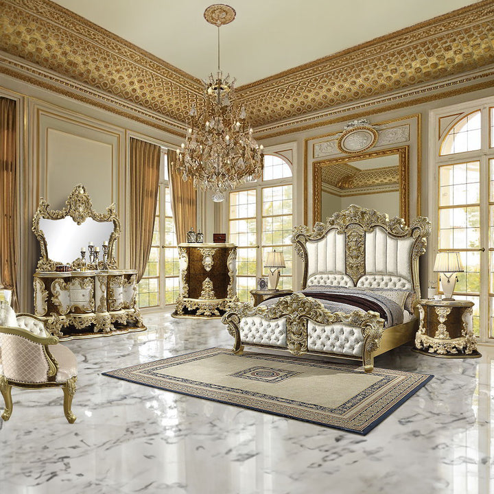 Desiderius - Bench - Beige Fabric, Antique Gold & Hand Paint Brown