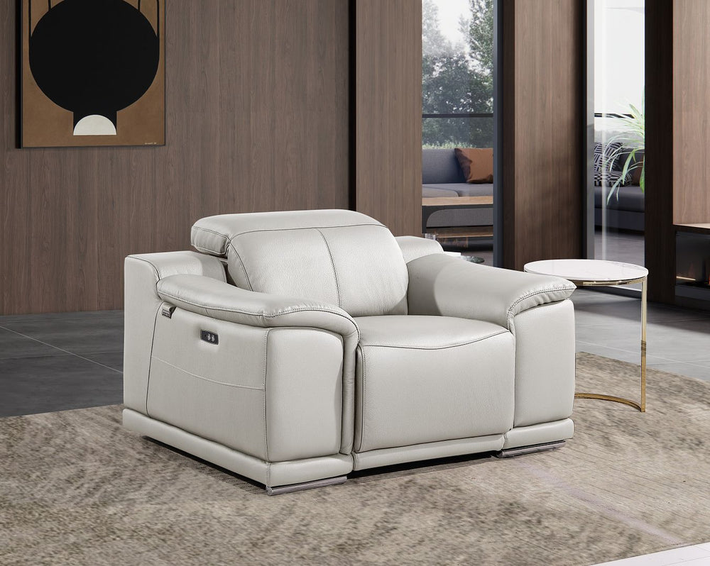DivanItalia 9762 Top Grain Italian Leather Power Reclining Chair with Adjustable Headrests - Light Gray