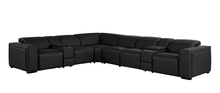 DivanItalia 1224 8-Piece U-Shaped Sectional Sofa in Top Grain Italian Leather with 4 Power Recliners &amp; Power Headrests – with Console - Black