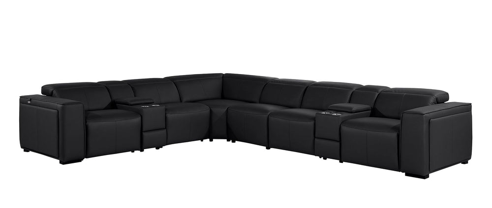 DivanItalia 1224 8-Piece U-Shaped Sectional Sofa in Top Grain Italian Leather with 4 Power Recliners & Power Headrests – with Console - Black