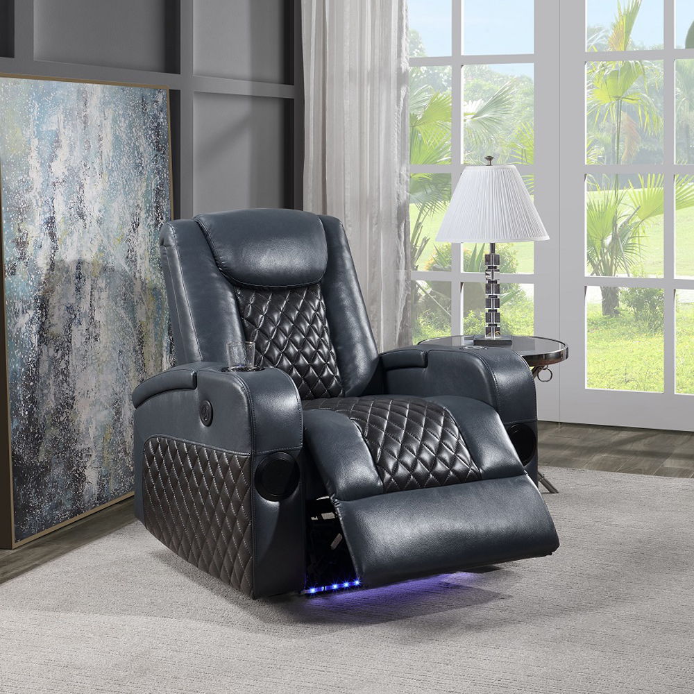 Alair - Power Motion Recliner With Bluetooth, Wireless Charger & Cupholder - Blue & Black Leather Aire