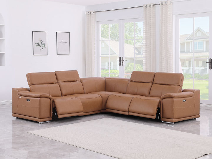 DivanItalia 9762 5-Piece L Shaped Top Grain Italian Leather Sectional Sofa with 3 Power Recliners - Cognac