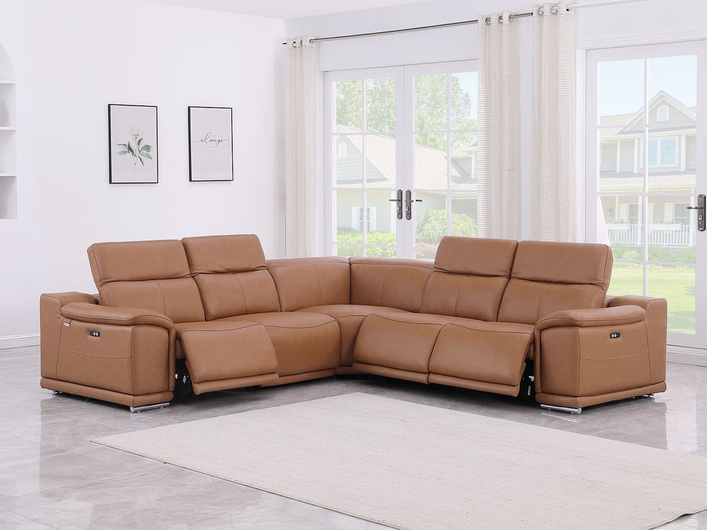 DivanItalia 9762 5-Piece L Shaped Top Grain Italian Leather Sectional Sofa with 3 Power Recliners - Cognac