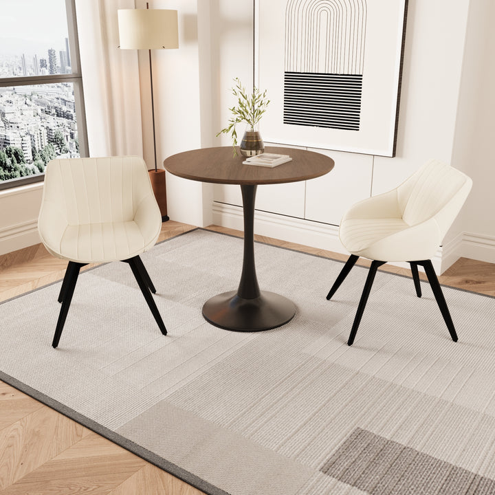 Mid-Century Modern 3-Piece Round Tulip Dining Table Set in Walnut &amp; Beige