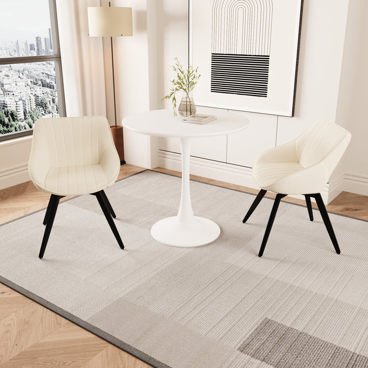 Mid-Century Modern 3-Piece Round Tulip Dining Table Set with White Table &amp; Beige Vegan Leather