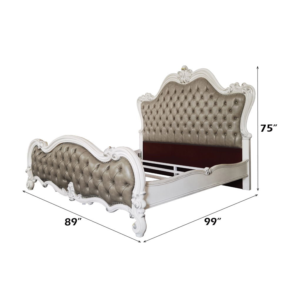 Versailles II - Eastern King Bed - Vintage Gray Synthetic Leather & Bone White
