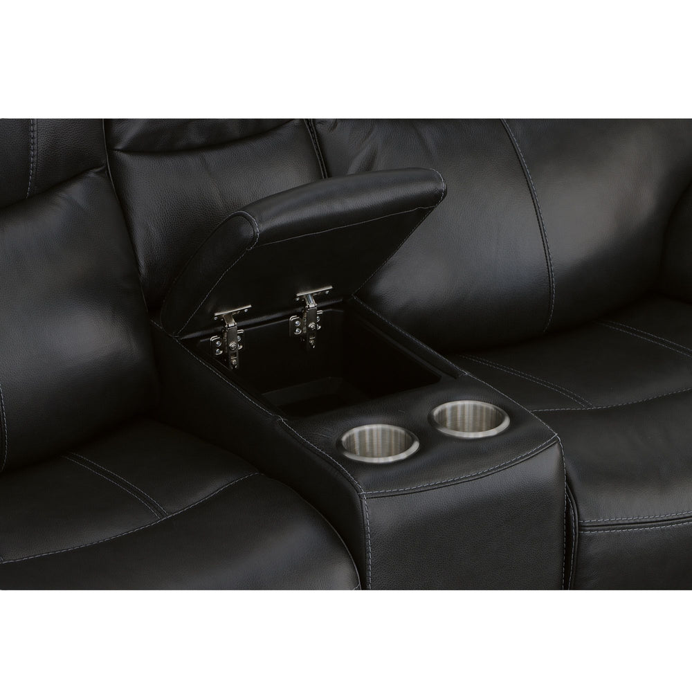Crew Leather Power Reclining Loveseat with Console, Power Headrests & Lumbar in Raven