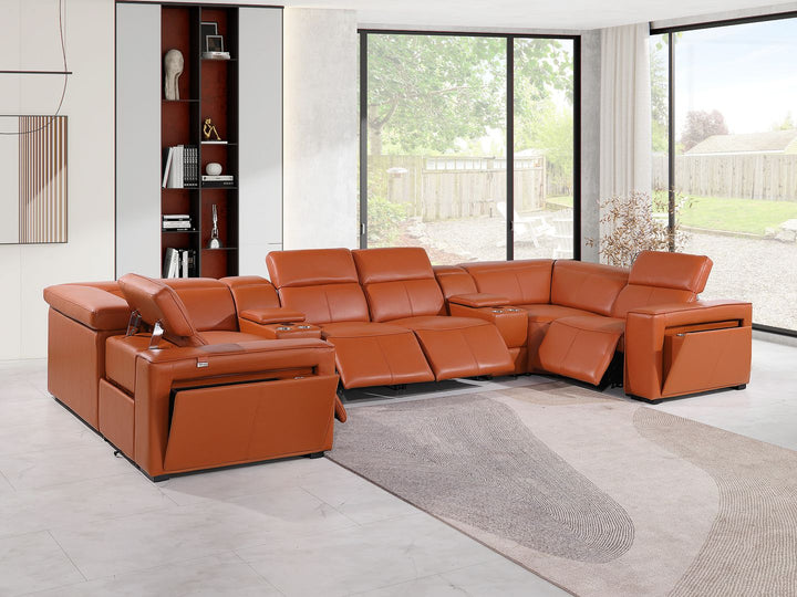 DivanItalia 1224 8-Piece U-Shaped Sectional Sofa in Top Grain Italian Leather with 4 Power Recliners &amp; Power Headrests – with Console - Camel
