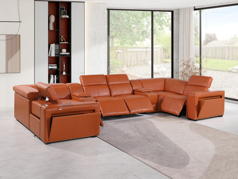 DivanItalia 1224 8-Piece U-Shaped Sectional Sofa in Top Grain Italian Leather with 4 Power Recliners & Power Headrests – with Console - Camel