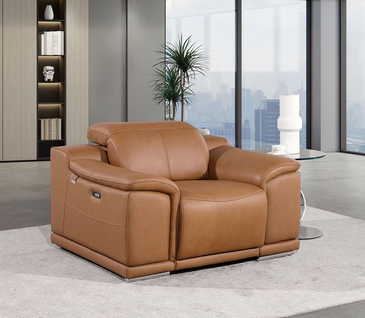 DivanItalia 9762 Top Grain Italian Leather Power Reclining Chair with Adjustable Headrests - Cognac