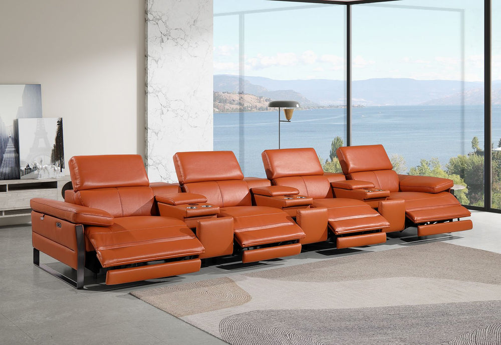 DivanItalia 1246 Modular Power Triple Reclining Triple Console Sofa with Power Reclining Headrests – Top Grain Italian Leather - Camel