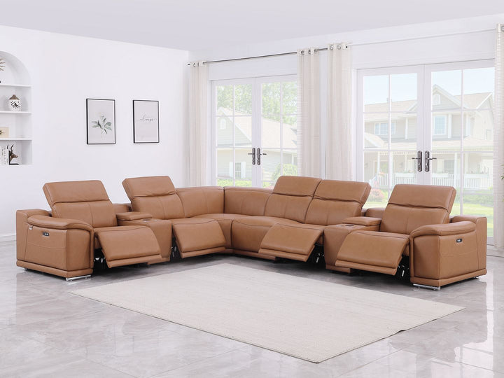 DivanItalia 9762 8-Piece L Shaped Top Grain Italian Leather Sectional Sofa with 4 Power Recliners - Cognac