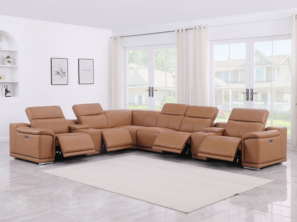 DivanItalia 9762 8-Piece L Shaped Top Grain Italian Leather Sectional Sofa with 4 Power Recliners - Cognac