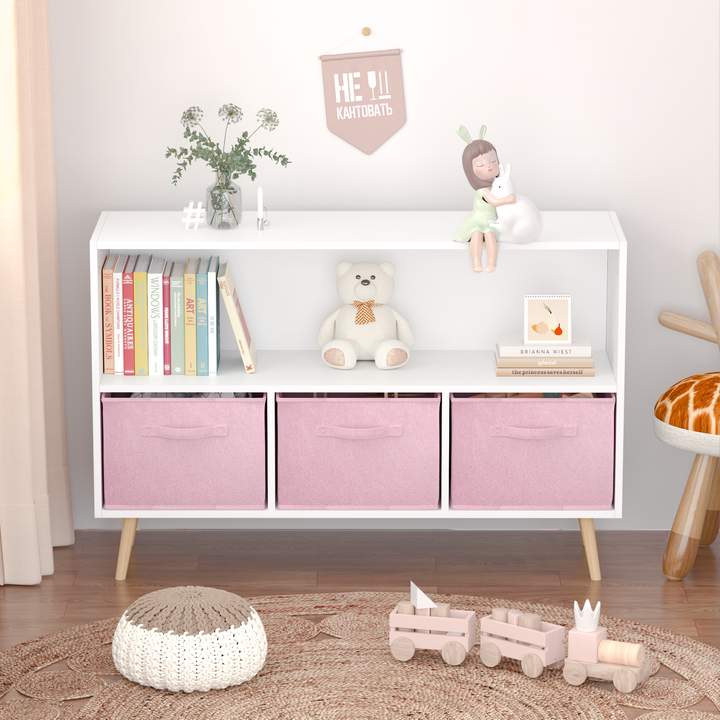 modern-kids-bookcase-with-collapsible-fabric-drawers-childrens-book-display-toy-storage-white-pink-mdf-pine-legs