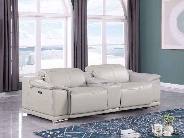 DivanItalia 9762 3-Piece Modular Power Reclining Console Loveseat with 2 Power Recliners in Top Grain Italian Leather - Light Gray