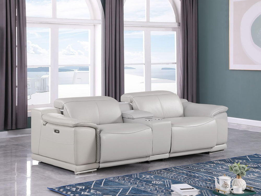 DivanItalia 9762 3-Piece Modular Power Reclining Console Loveseat with 2 Power Recliners in Top Grain Italian Leather - Light Gray