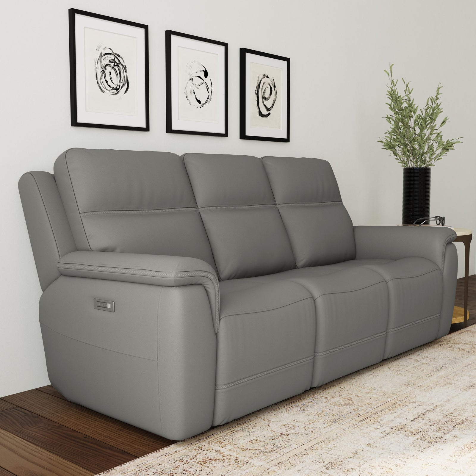 Sawyer Leather Power Reclining Sofa with Power Headrests & Lumbar in Grey