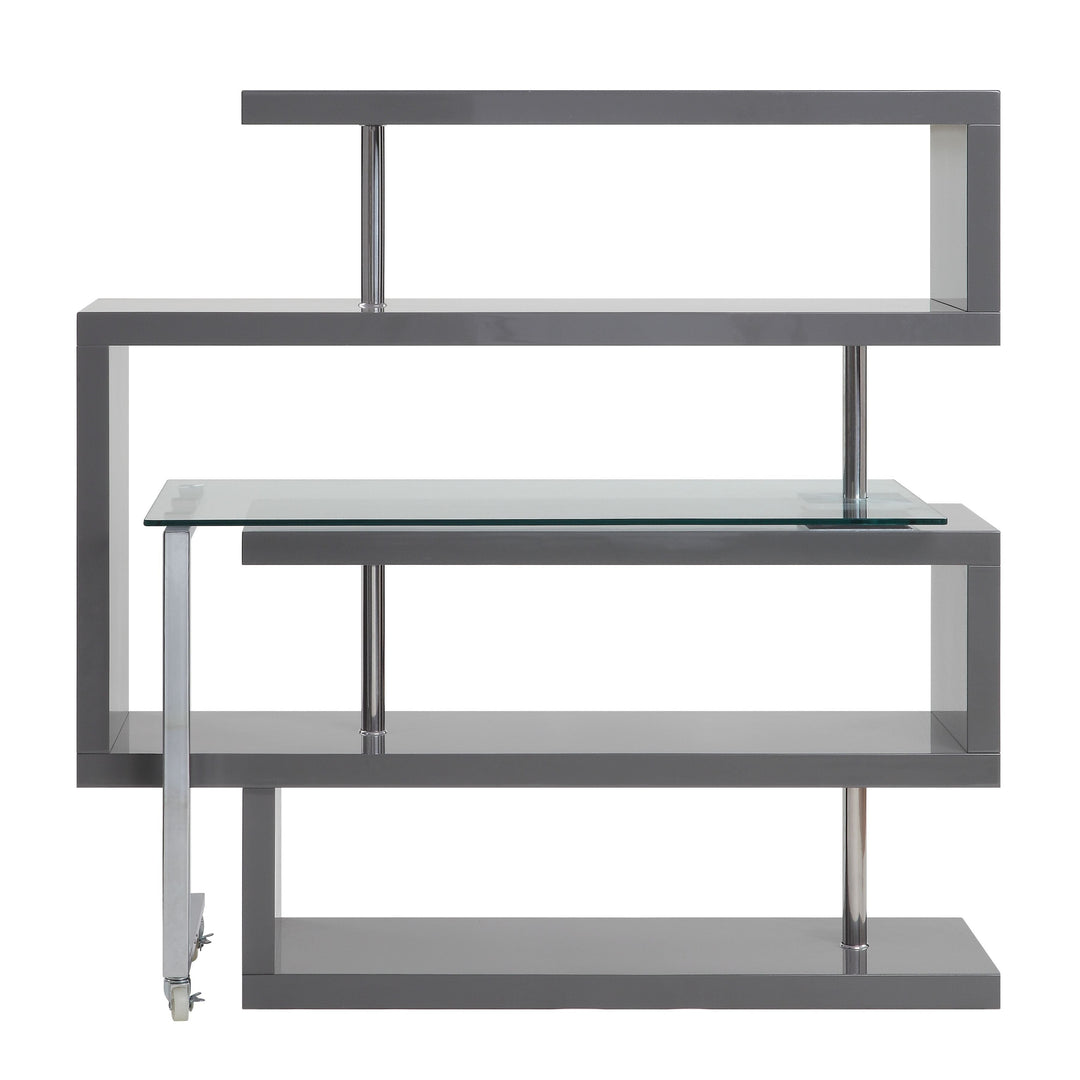 Buck II - Writing Desk With Bookshelf - Clear Glass, Chrome & Gray High Gloss