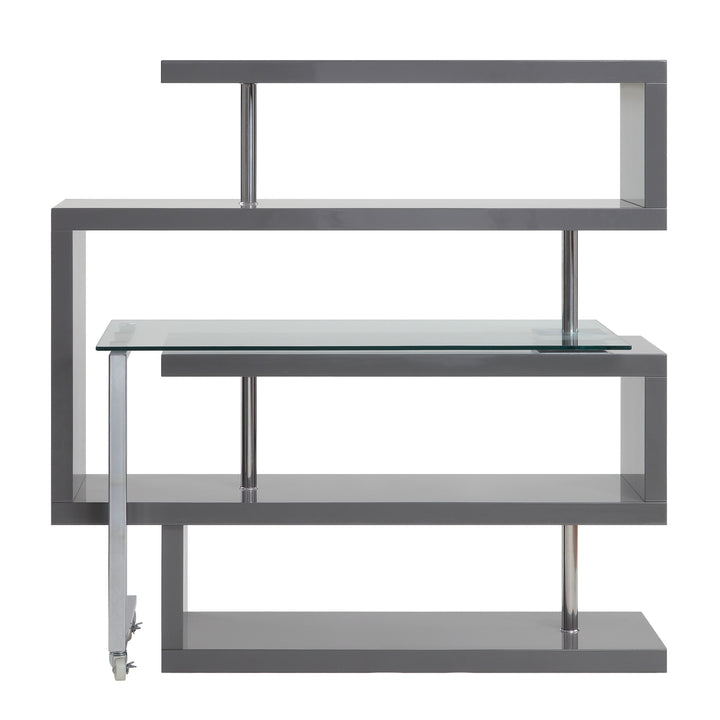 Buck II - Writing Desk With Bookshelf - Clear Glass, Chrome & Gray High Gloss