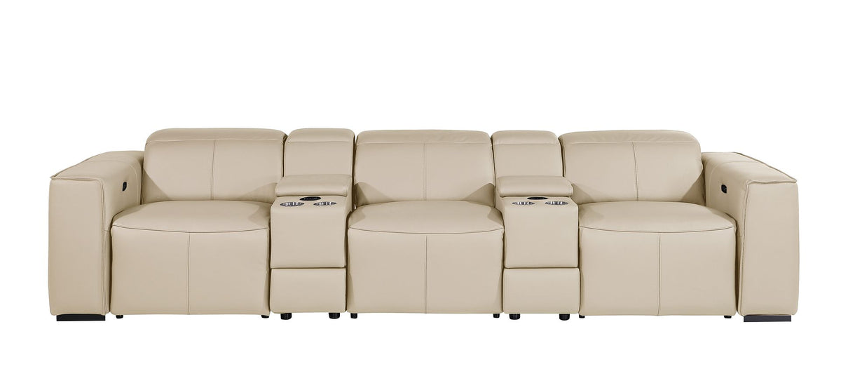 DivanItalia 1224 5-Piece Modular Power Reclining Sofa in Top Grain Italian Leather with 3 Power Recliners & Power Headrests - Beige