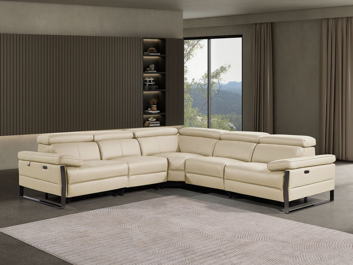 DivanItalia 1246 5-Piece L-Shaped Modular Power Reclining Sectional with Power Headrests – Top Grain Italian Leather - Beige