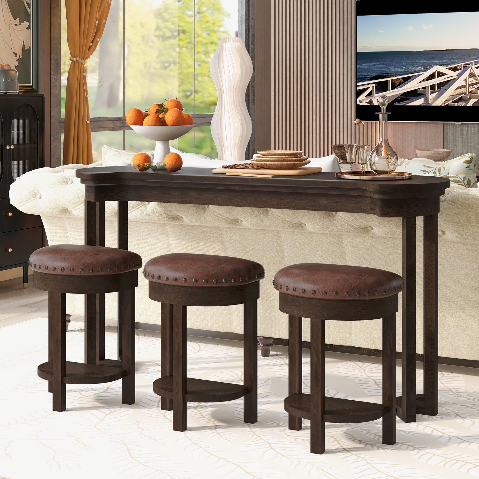 4-Piece Bar Table Set with PU Upholstered Bar Stools in Espresso