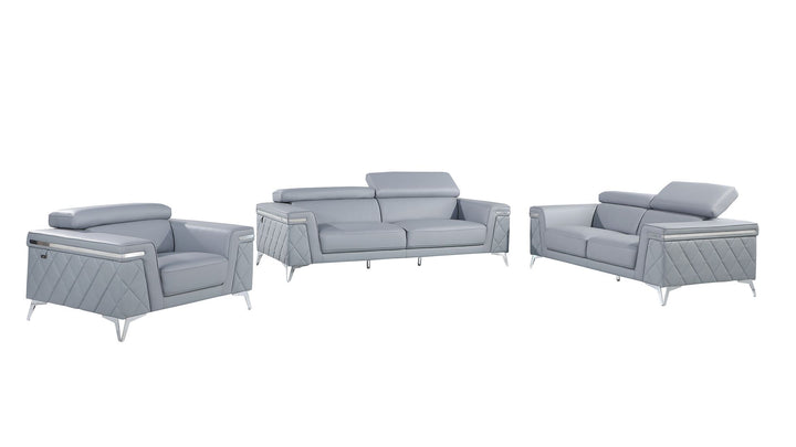 DivanItalia 1140 3-Piece Sofa Set with Adjustable Headrest in Top-Grain Italian Leather - Light Blue