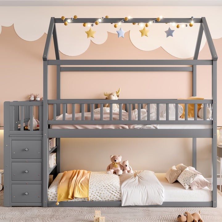 twin-twin-house-bunk-bed-with-shelves-and-drawers-grey-color