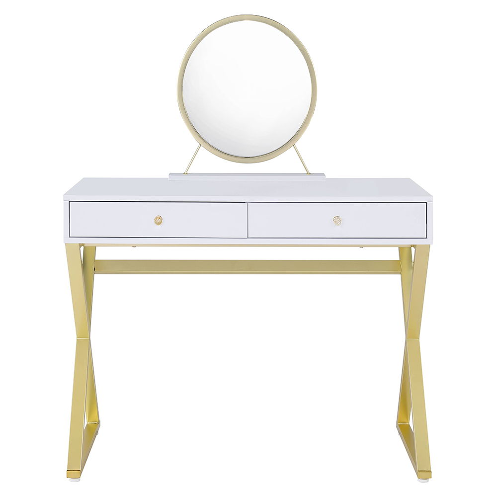 Coleen - Vanity Desk With Mirror & Jewelry Tray - White & Gold