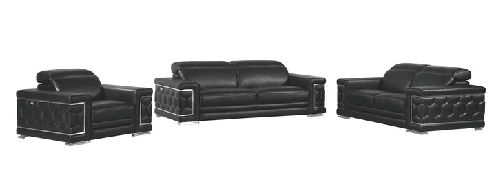 DivanItalia 692 3-Piece Sofa Set with Adjustable Headrest in Top-Grain Italian Leather - Black