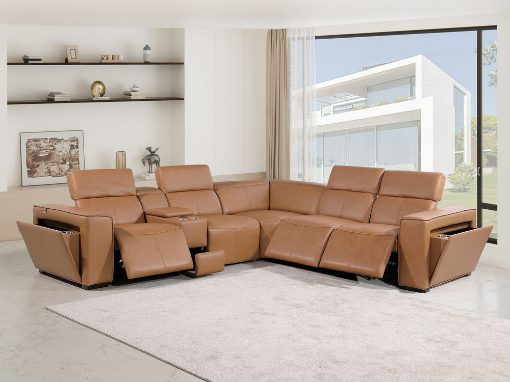 DivanItalia 1224 6-Piece L-Shaped Sectional Sofa in Top Grain Italian Leather with 3 Power Recliners & Power Headrests - Cognac