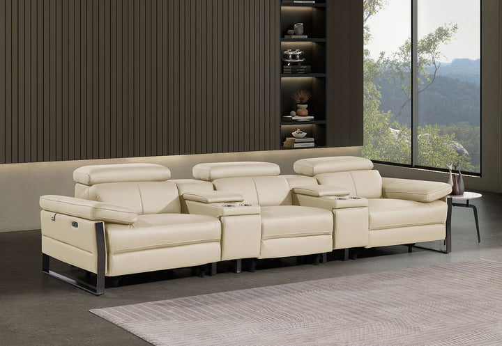 DivanItalia 1246 Modular Power Triple Reclining Dual Console Sofa with Power Reclining Headrests – Top Grain Italian Leather - Beige