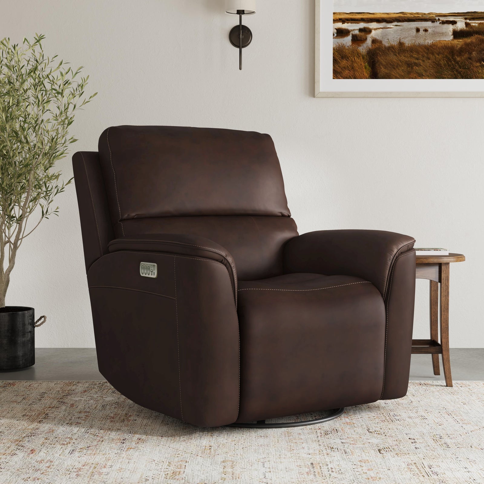 Flexsteel 1041-53P5-94671 Henry  Power Swivel Gliding Recliner With Power Headrest, Lumbar, Heat & Massage  Burnt Umber