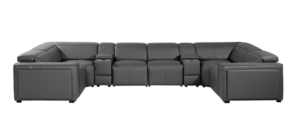 DivanItalia 1224 8-Piece U-Shaped Sectional Sofa in Top Grain Italian Leather with 4 Power Recliners & Power Headrests – with Console - Dark Gray
