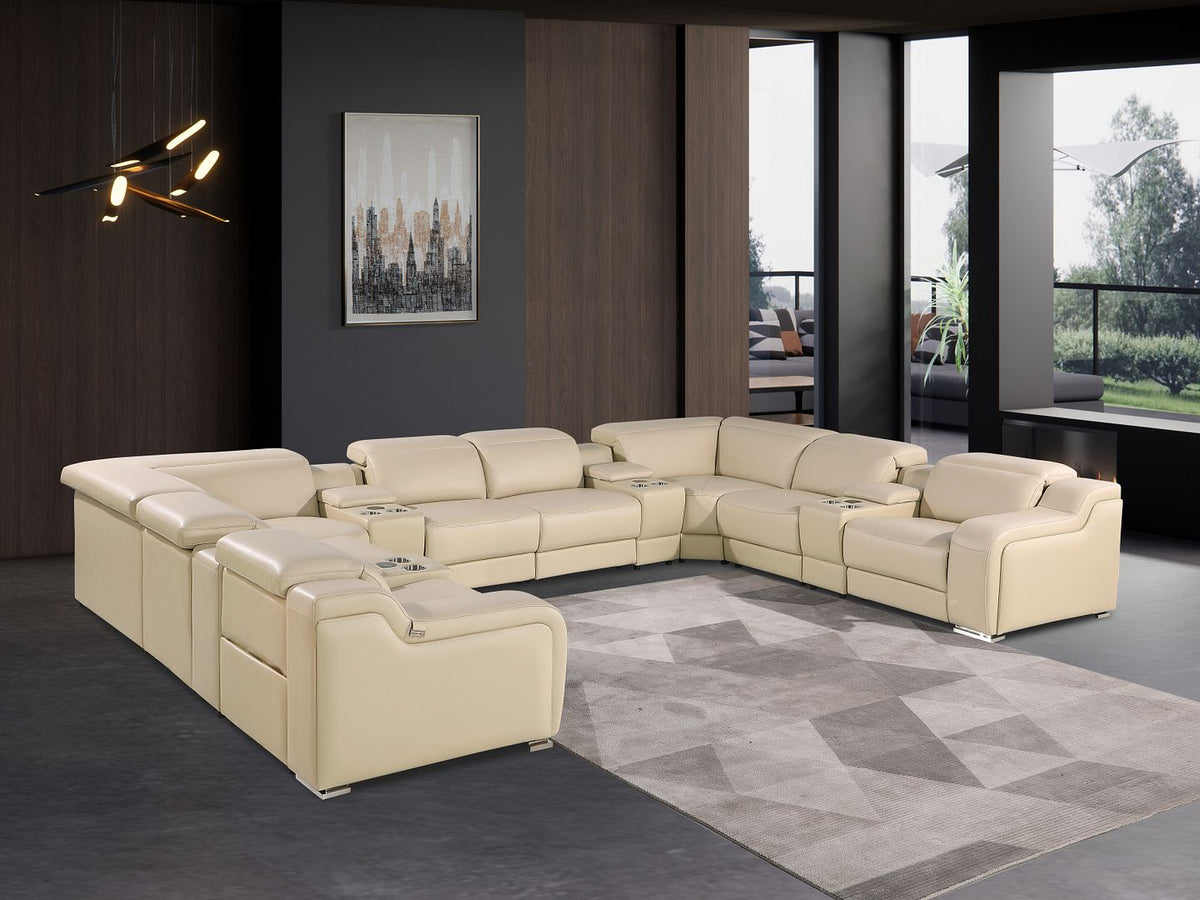 DivanItalia 1116 12-Piece U-Shaped Sectional Sofa in Top Grain Italian Leather with 4 Power Recliners & Power Headrests - Beige