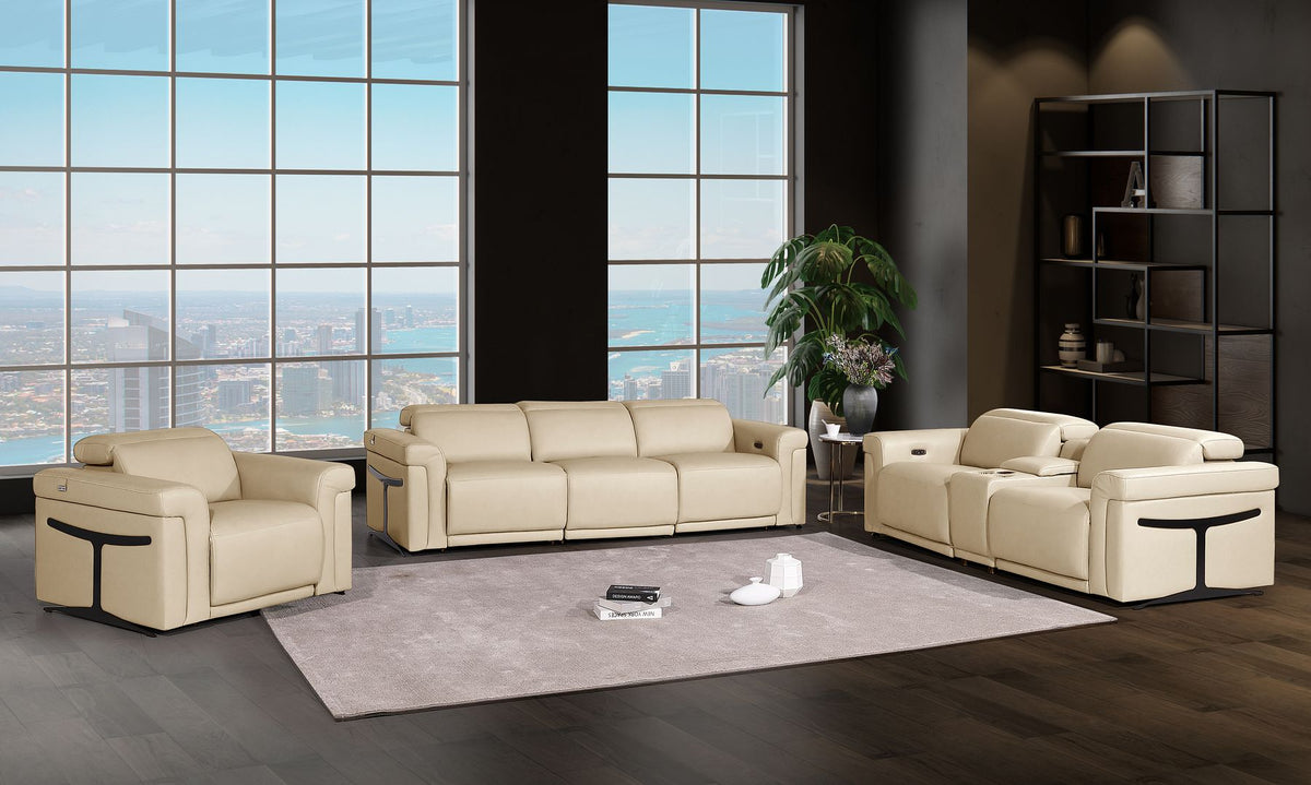 DivanItalia 1126 7-Piece Modular Power Reclining Sofa, Loveseat & Chair Set in Top Grain Italian Leather with 6 Power Recliners & Power Headrests - Beige