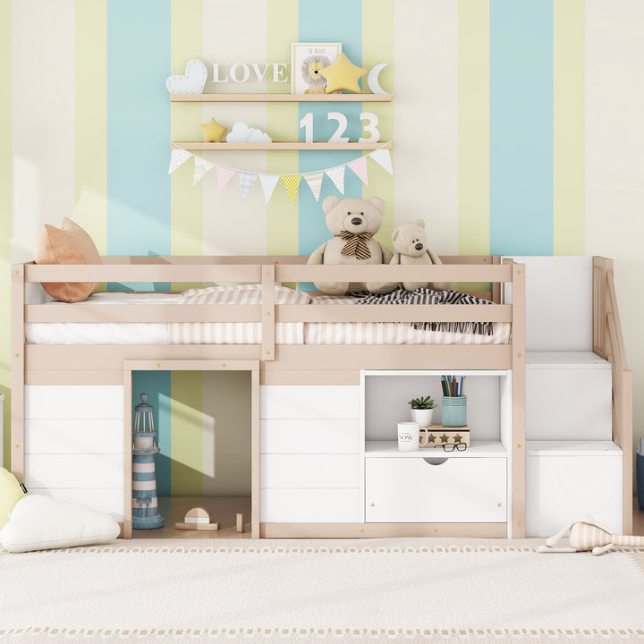 SOLID WOOD TWIN SIZE LOW LOFT BED WITH STAIR, DRAWER, AND SHELF, CREAM + WHITE COLOR