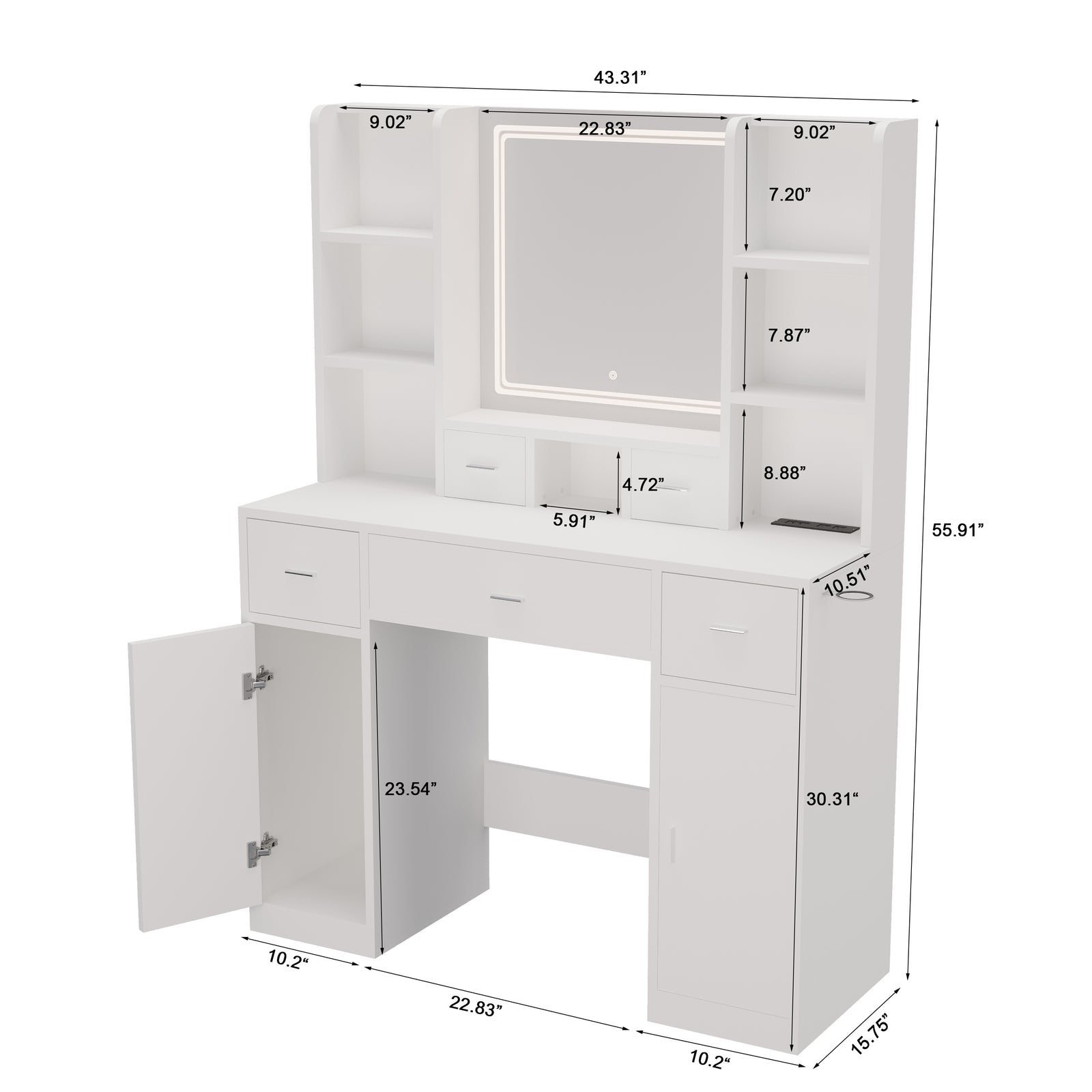 White Vanity Table with LED Mirror, Hair Dryer Rack & Cushioned Stool