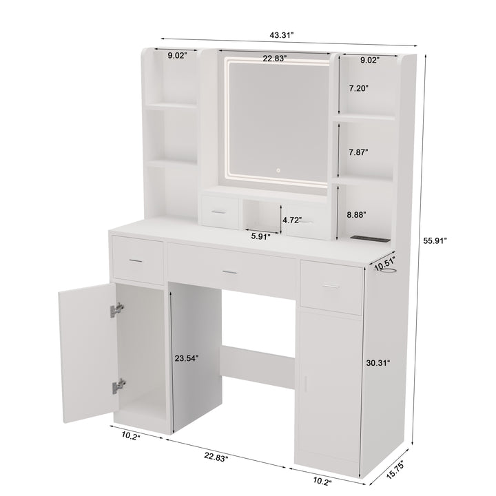 White Vanity Table with LED Mirror, Hair Dryer Rack &amp; Cushioned Stool
