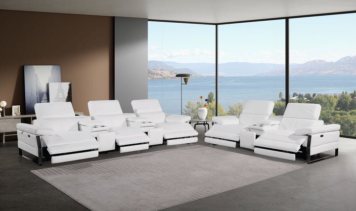 DivanItalia 1246 Modular Power Reclining Dual Console Sofa and Console Loveseat Set with Power Headrests – Top Grain Italian Leather - White