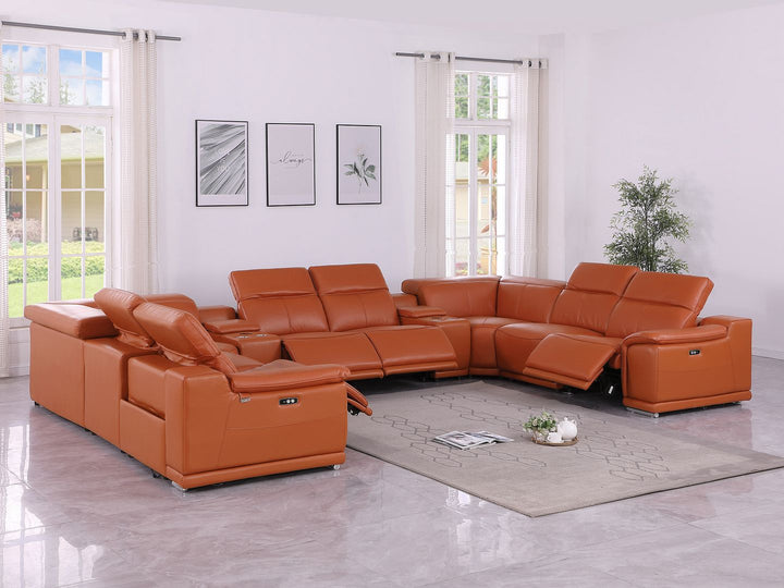 DivanItalia 9762 10-Piece U Shaped Top Grain Italian Leather Sectional Sofa with 4 Power Recliners - Camel