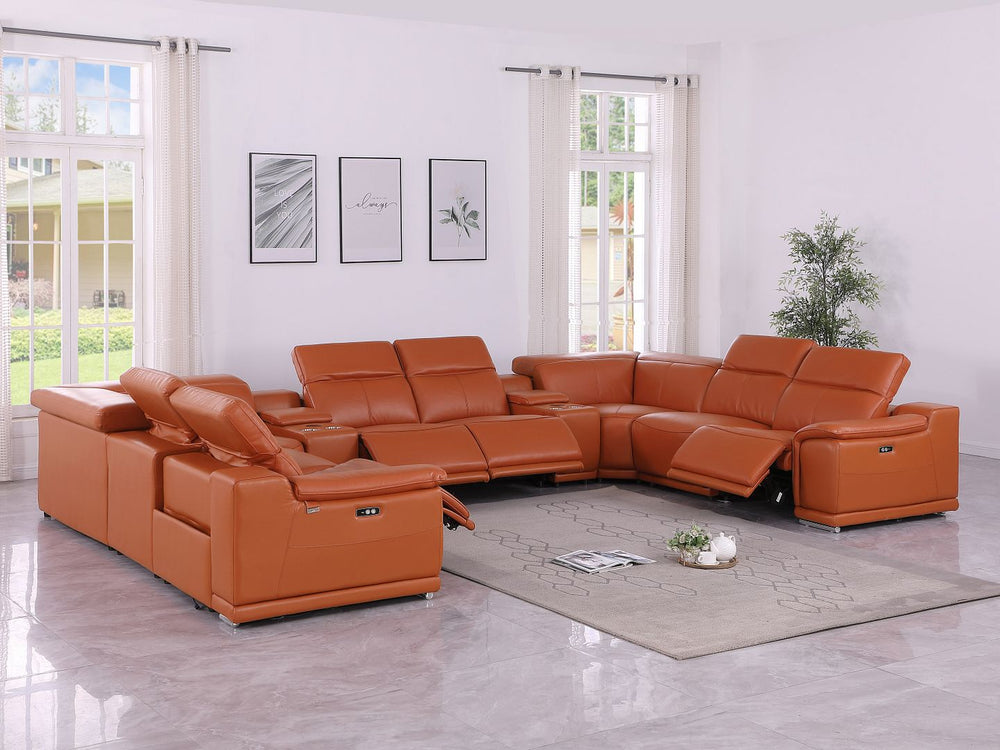 DivanItalia 9762 10-Piece U Shaped Top Grain Italian Leather Sectional Sofa with 4 Power Recliners - Camel