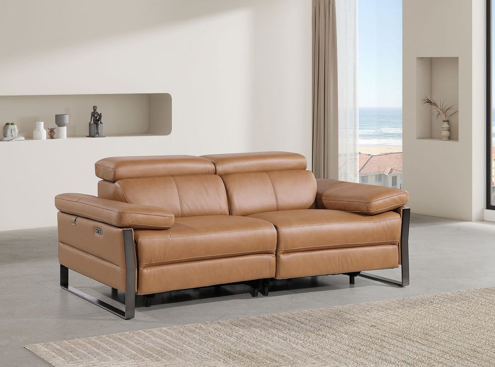 DivanItalia 1246 Top Grain Italian Leather Loveseat with Power Headrest - Cognac