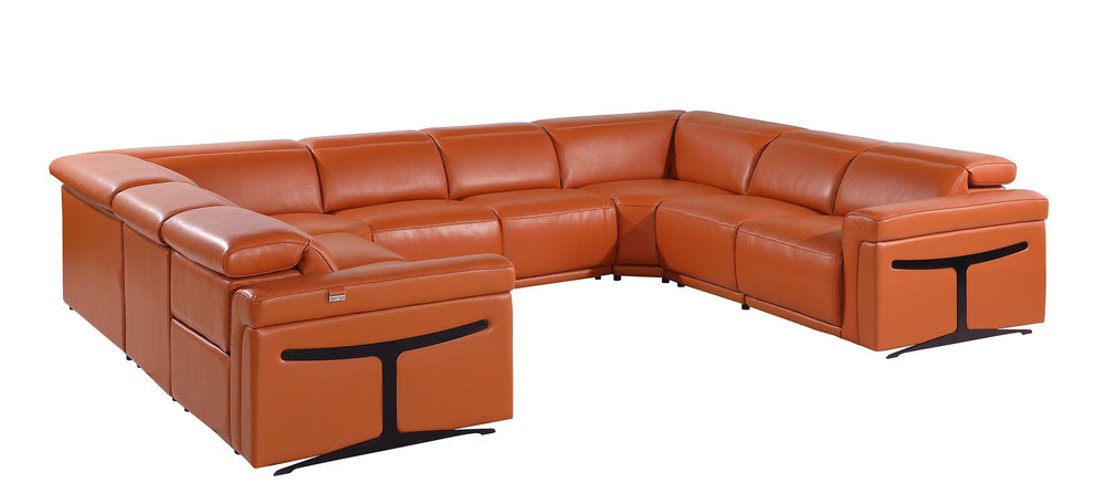 DivanItalia 1126 8-Piece U-Shaped Sectional Sofa in Top Grain Italian Leather with 4 Power Recliners & Power Headrests – No Console - Camel
