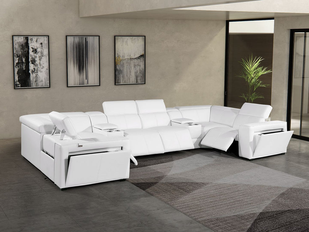 DivanItalia 1224 8-Piece U-Shaped Sectional Sofa in Top Grain Italian Leather with 4 Power Recliners & Power Headrests – No Console - White