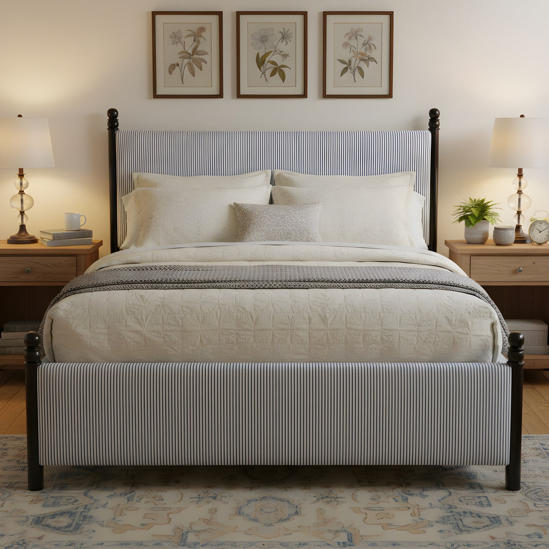 48" Striped Rubberwood King Bed – Black/Blue