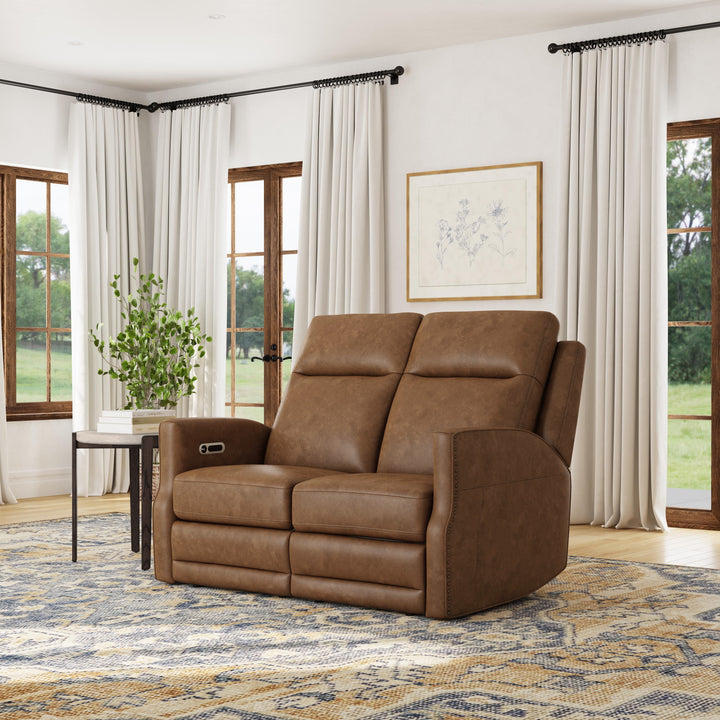 Maxwell Leather Power Reclining Loveseat with Power Headrests and Lumbar in Cedar