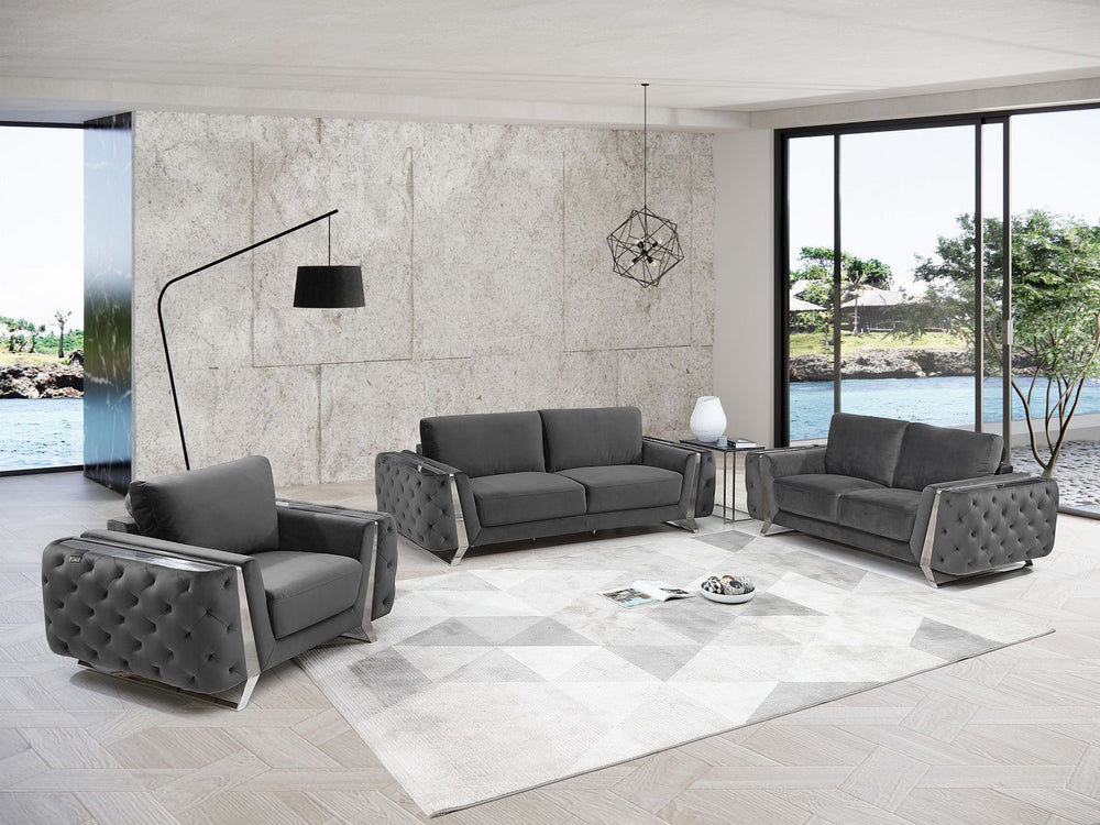 DivanItalia 1051 3-Piece Sofa Set in Velvet Fabric - Dark Gray